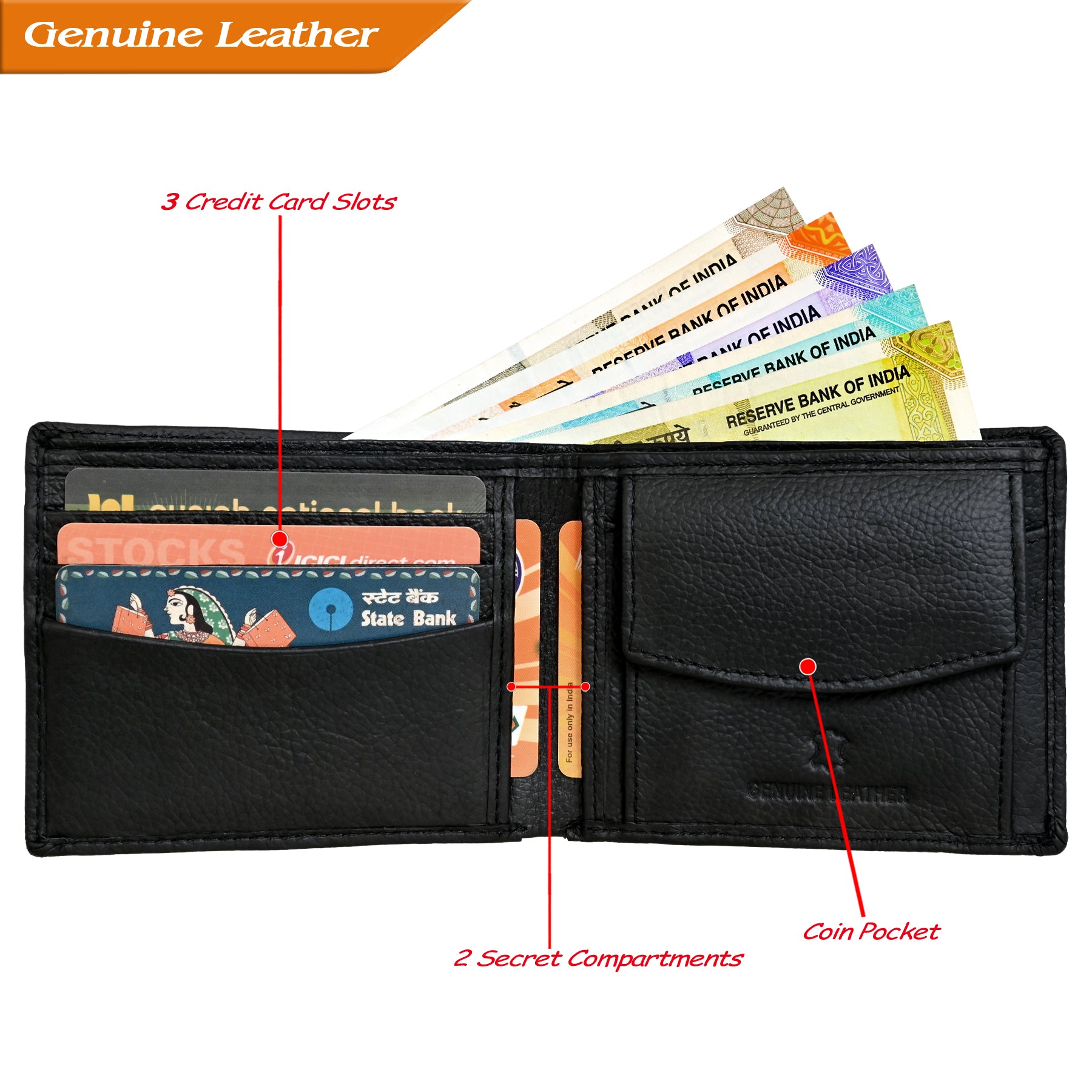 Finehide Classic Bifold Wallet for Men's Black Genuine Leather, 3 Card Slots, Coin Pocket, Secret Compartments | Premium Gift Box