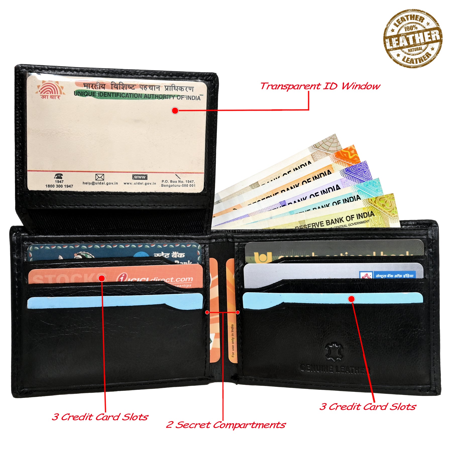 Finehide Premium Trifold Wallet for Men's Black Genuine Leather, 6 Card Slots, 2 Secret Compartments | Luxury Gift Box