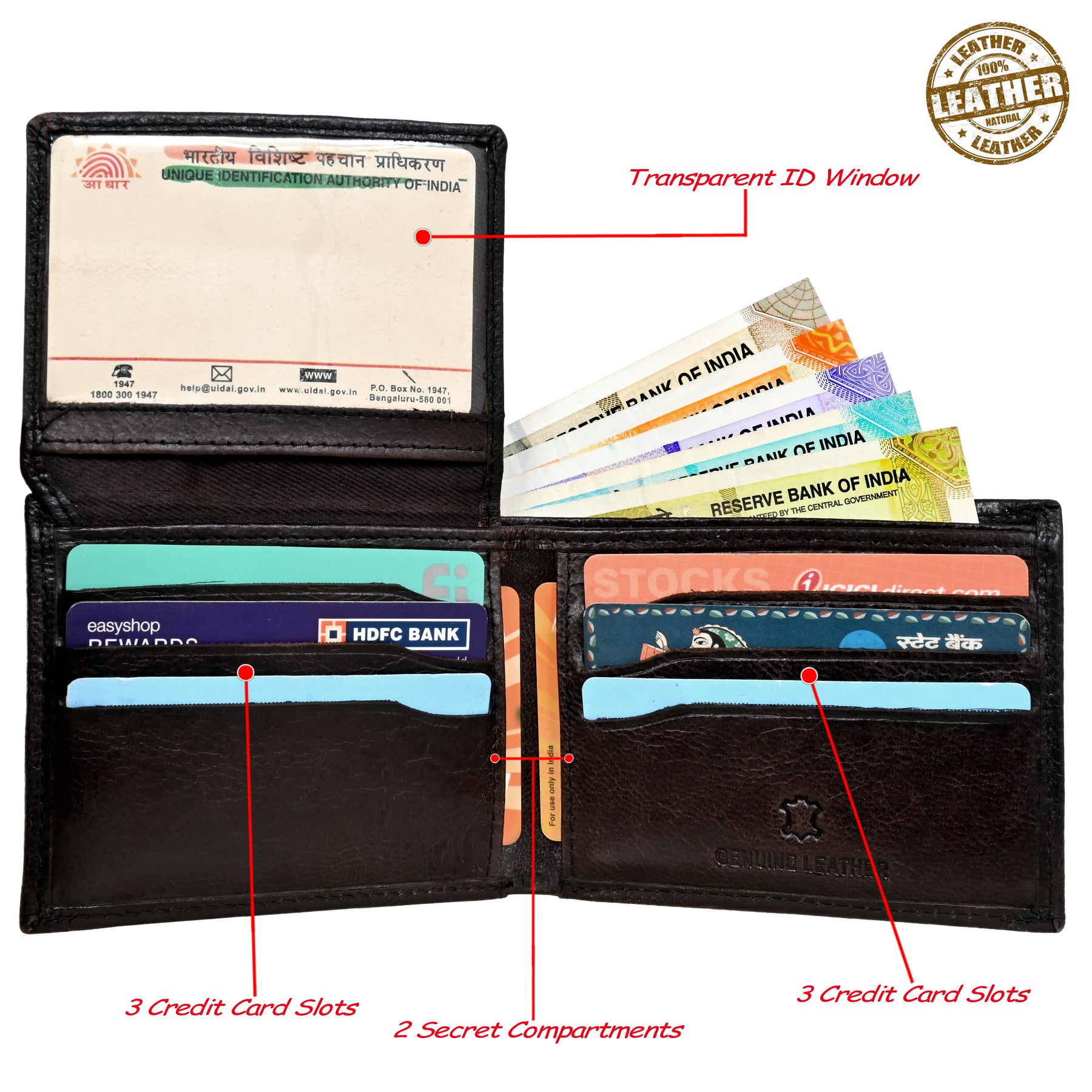 Finehide Premium Trifold Wallet for Men's Dark Brown Antique Leather, 6 Card Slots, 2 Secret Compartments | Luxury Gift Box