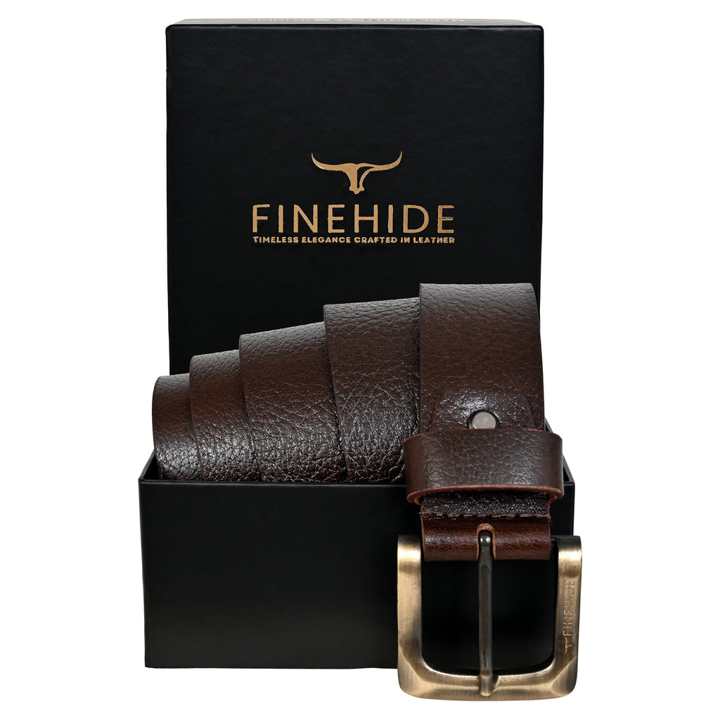 FINEHIDE DARK BROWN LEATHER TEXTURE WITH BRASS - ANTIQUE BUCKLE FOR MEN
