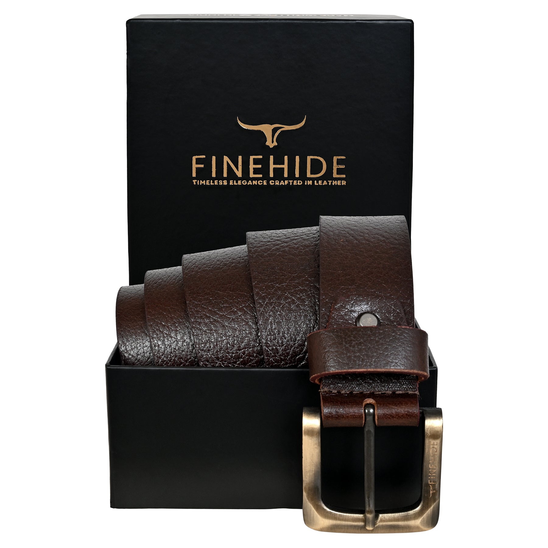 FINEHIDE DARK BROWN LEATHER TEXTURE WITH BRASS - ANTIQUE BUCKLE FOR MEN