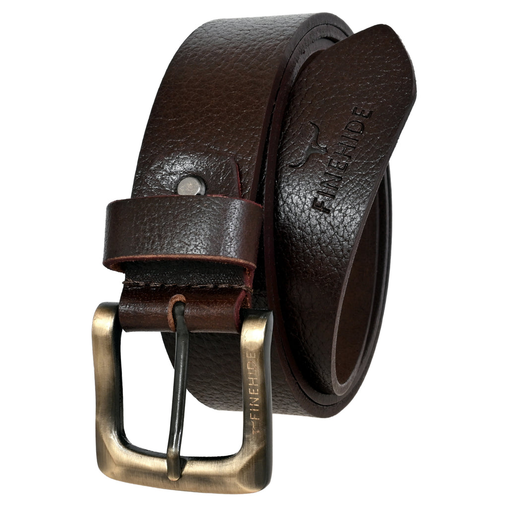 FINEHIDE DARK BROWN LEATHER TEXTURE WITH BRASS - ANTIQUE BUCKLE FOR MEN
