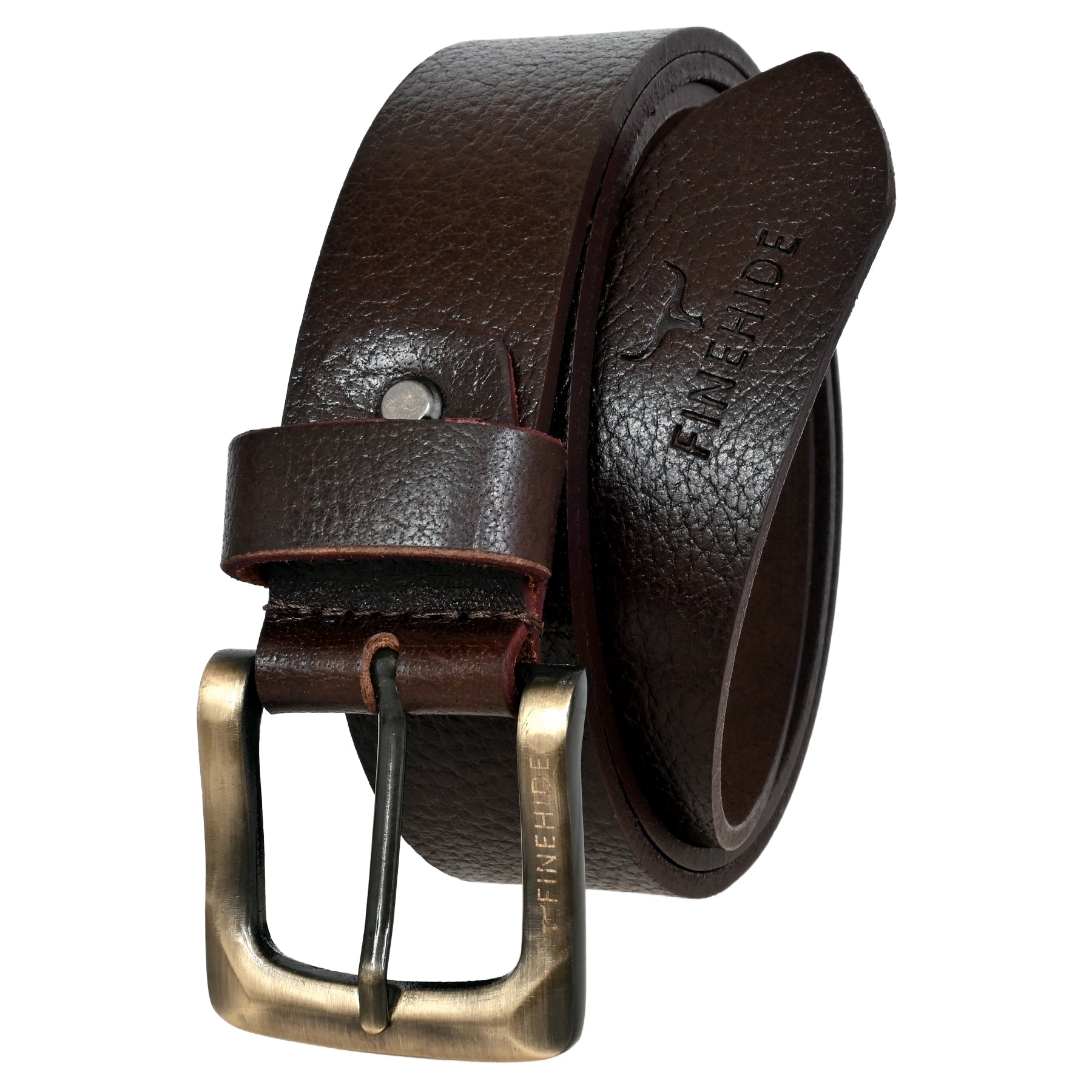 FINEHIDE DARK BROWN LEATHER TEXTURE WITH BRASS - ANTIQUE BUCKLE FOR MEN