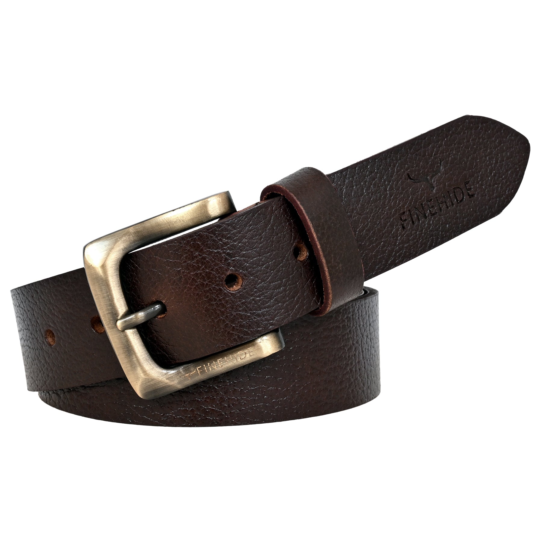 FINEHIDE DARK BROWN LEATHER TEXTURE WITH BRASS - ANTIQUE BUCKLE FOR MEN