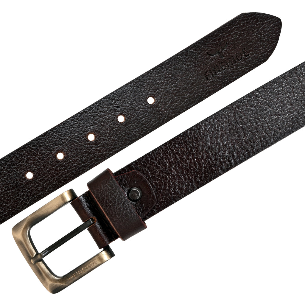 FINEHIDE DARK BROWN LEATHER TEXTURE WITH BRASS - ANTIQUE BUCKLE FOR MEN