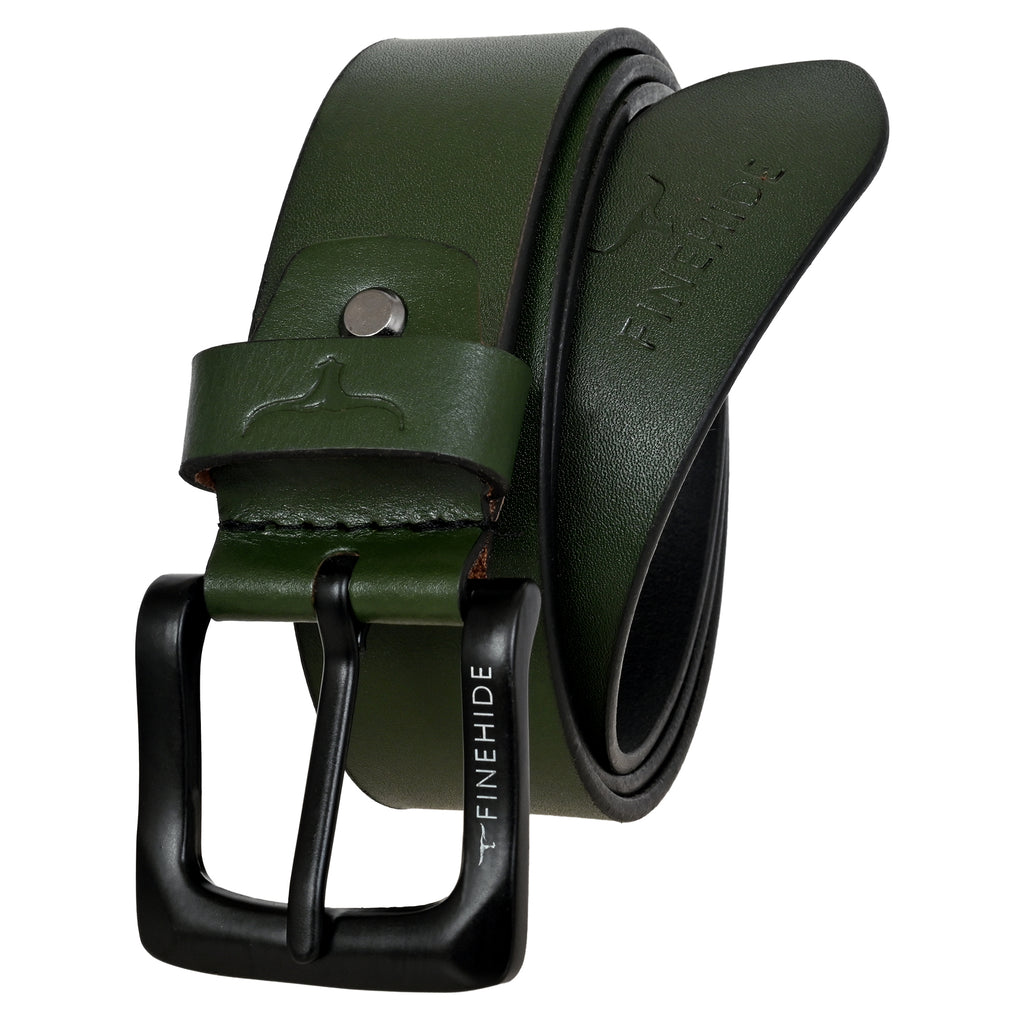 FINEHIDE OLIVE GREEN LEATHER BELT WITH MATTE BLACK BUCKLE FOR MEN