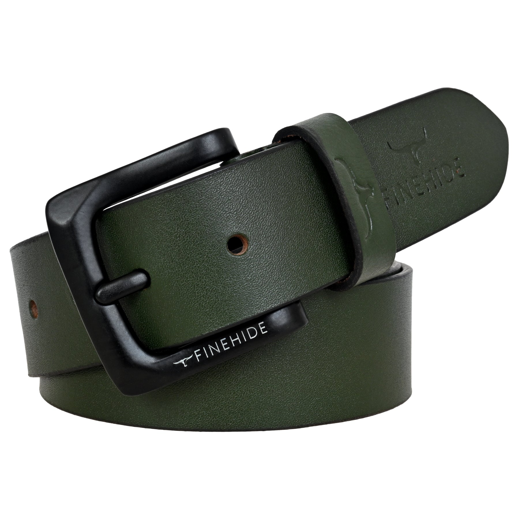 FINEHIDE OLIVE GREEN LEATHER BELT WITH MATTE BLACK BUCKLE FOR MEN