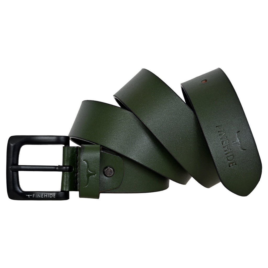 FINEHIDE OLIVE GREEN LEATHER BELT WITH MATTE BLACK BUCKLE FOR MEN