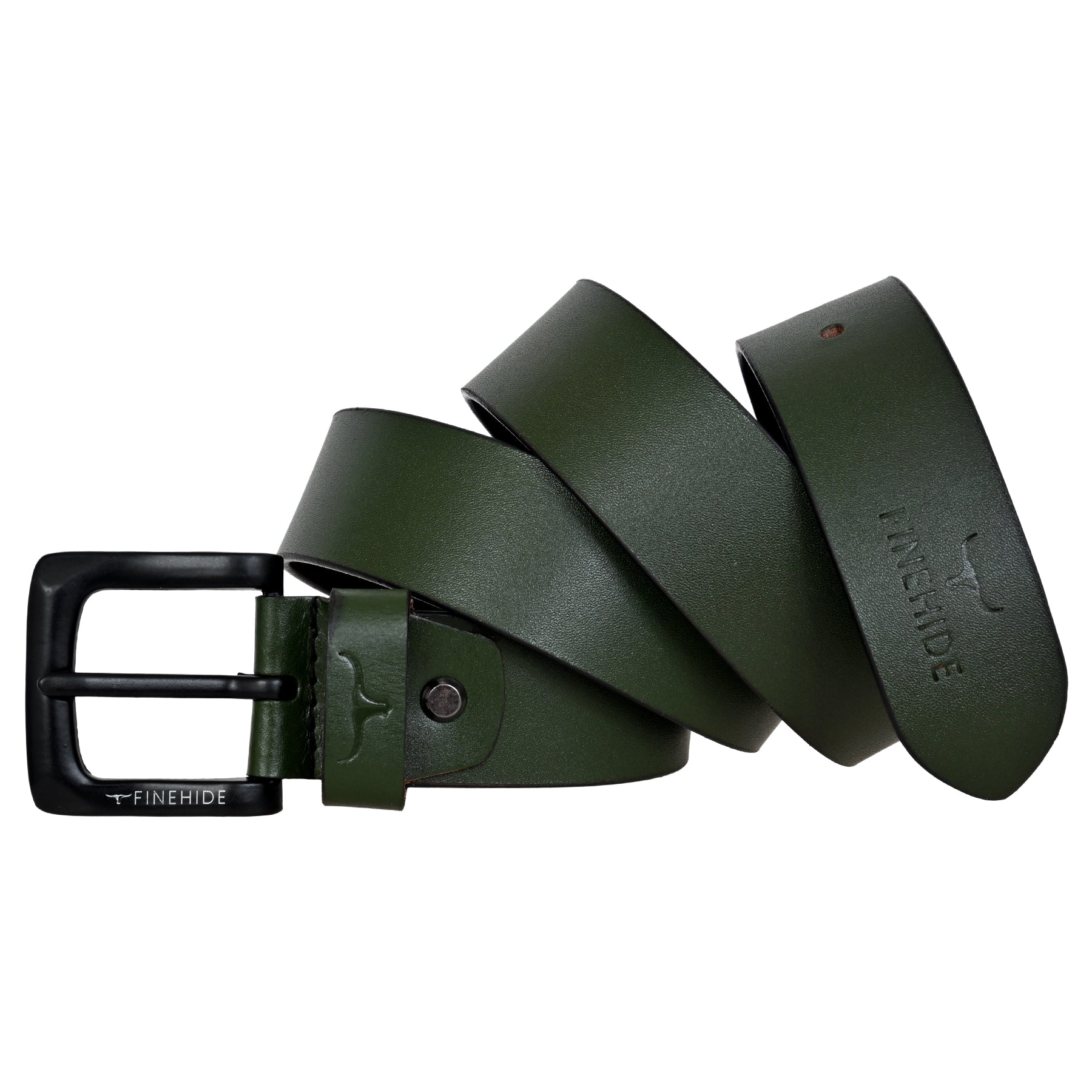FINEHIDE OLIVE GREEN LEATHER BELT WITH MATTE BLACK BUCKLE FOR MEN