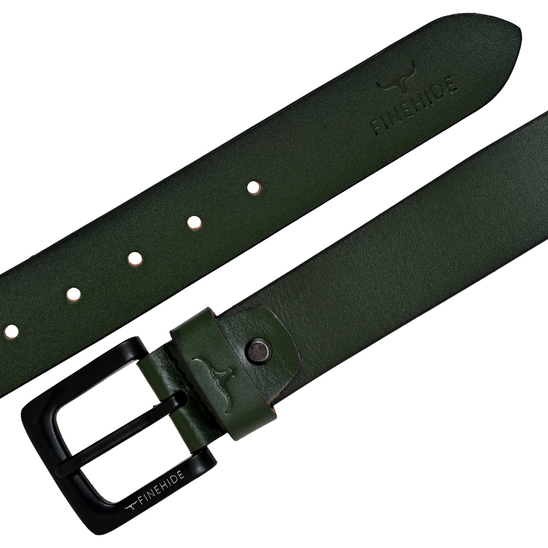FINEHIDE OLIVE GREEN LEATHER BELT WITH MATTE BLACK BUCKLE FOR MEN