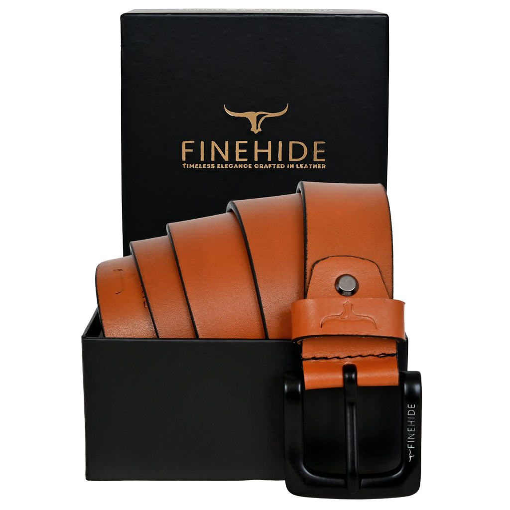 FINEHIDE  TAN LEATHER BELT  WITH MATTE BLACK BUCKLE FOR MEN