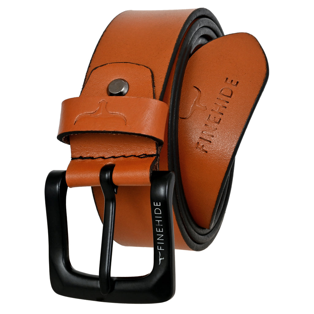 FINEHIDE  TAN LEATHER BELT  WITH MATTE BLACK BUCKLE FOR MEN