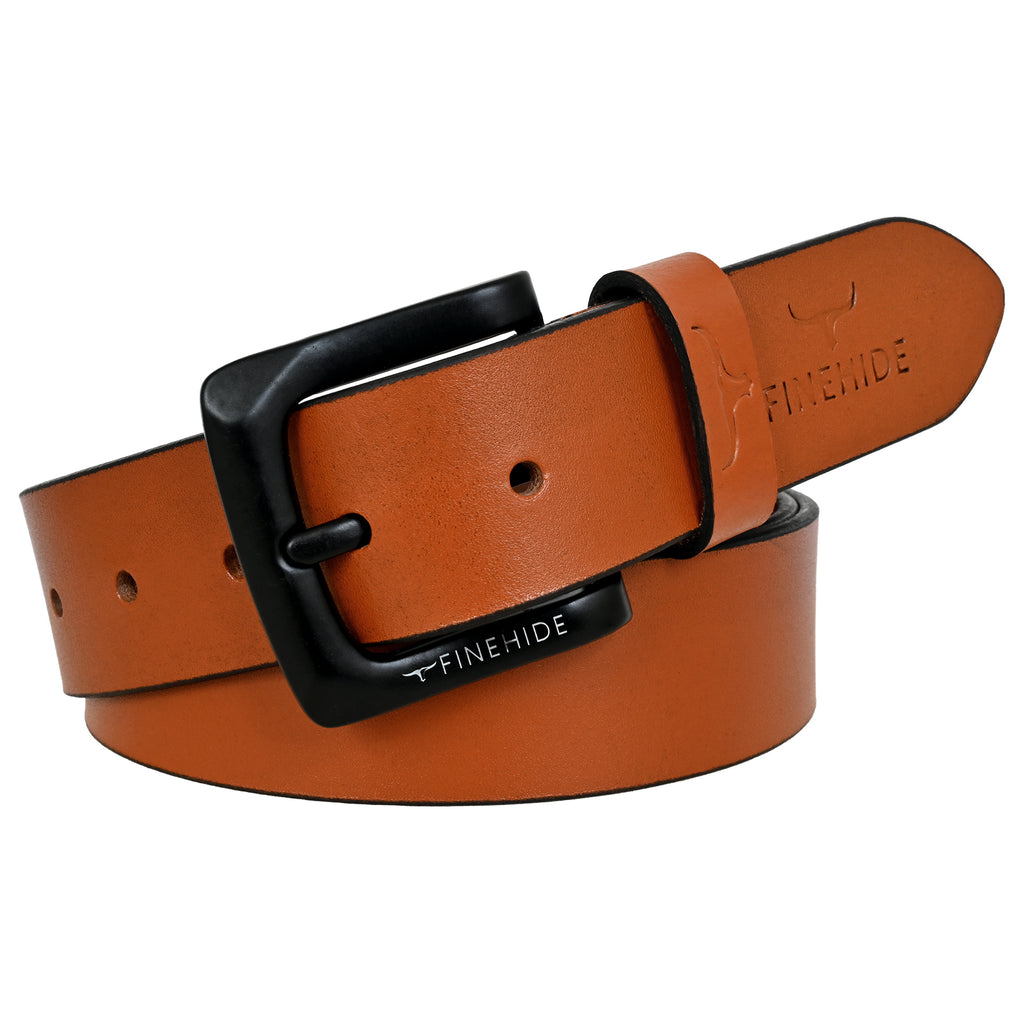 FINEHIDE  TAN LEATHER BELT  WITH MATTE BLACK BUCKLE FOR MEN