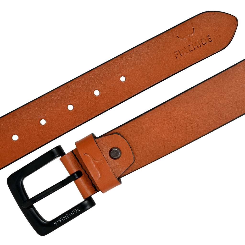 FINEHIDE  TAN LEATHER BELT  WITH MATTE BLACK BUCKLE FOR MEN