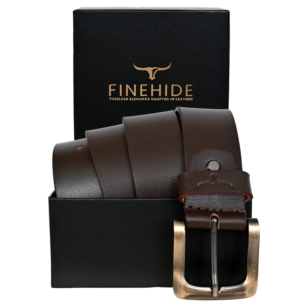 FINEHIDE ESPRESSO-BROWN LEATHER BELT WITH ANTIQUE BRASS BUCKLE FOR MEN
