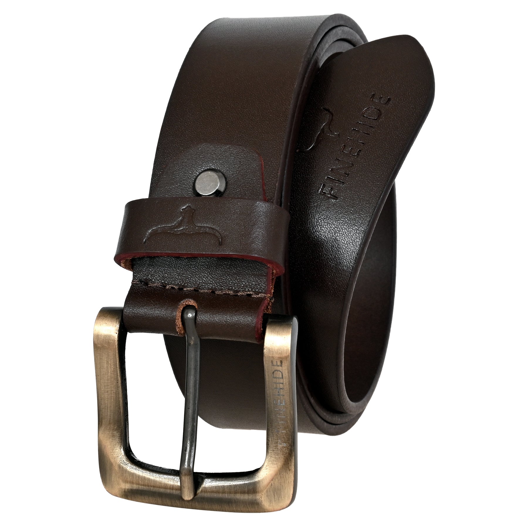 FINEHIDE ESPRESSO-BROWN LEATHER BELT WITH ANTIQUE BRASS BUCKLE FOR MEN