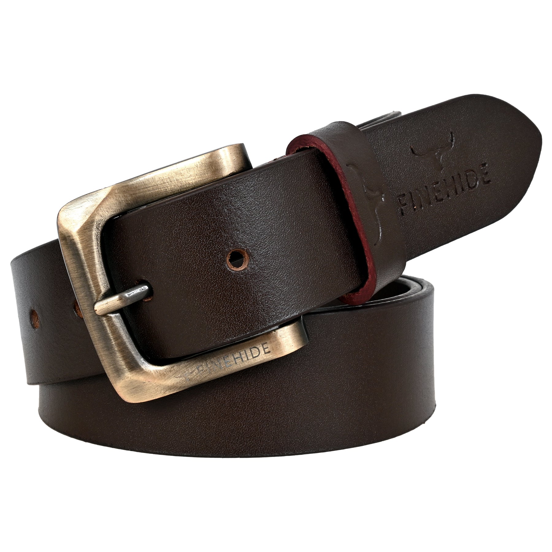 FINEHIDE ESPRESSO-BROWN LEATHER BELT WITH ANTIQUE BRASS BUCKLE FOR MEN
