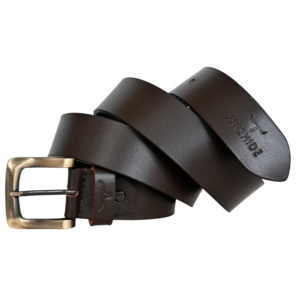 FINEHIDE ESPRESSO-BROWN LEATHER BELT WITH ANTIQUE BRASS BUCKLE FOR MEN