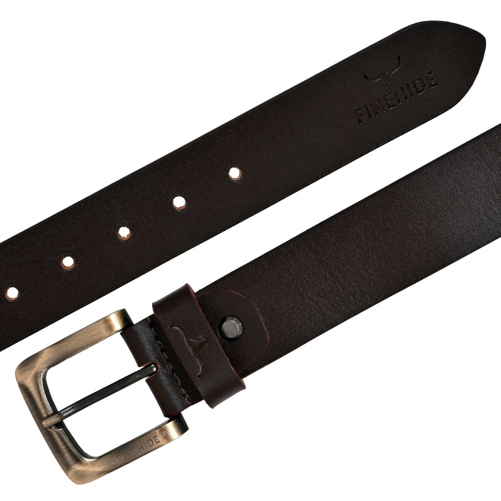 FINEHIDE ESPRESSO-BROWN LEATHER BELT WITH ANTIQUE BRASS BUCKLE FOR MEN