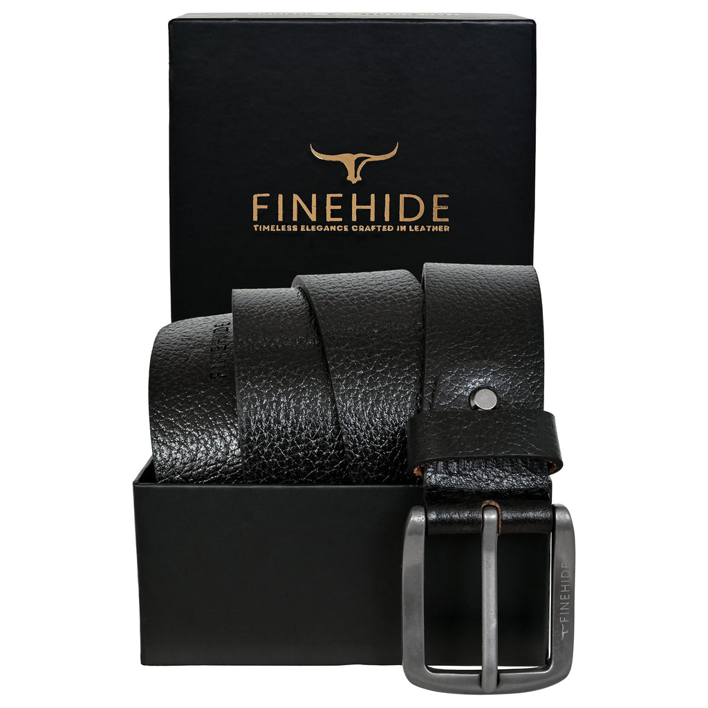 FINEHIDE BLACK ONYX TEBBLED LEATHER BELT WITH MATTE SILVER BUCKLE FOR MEN