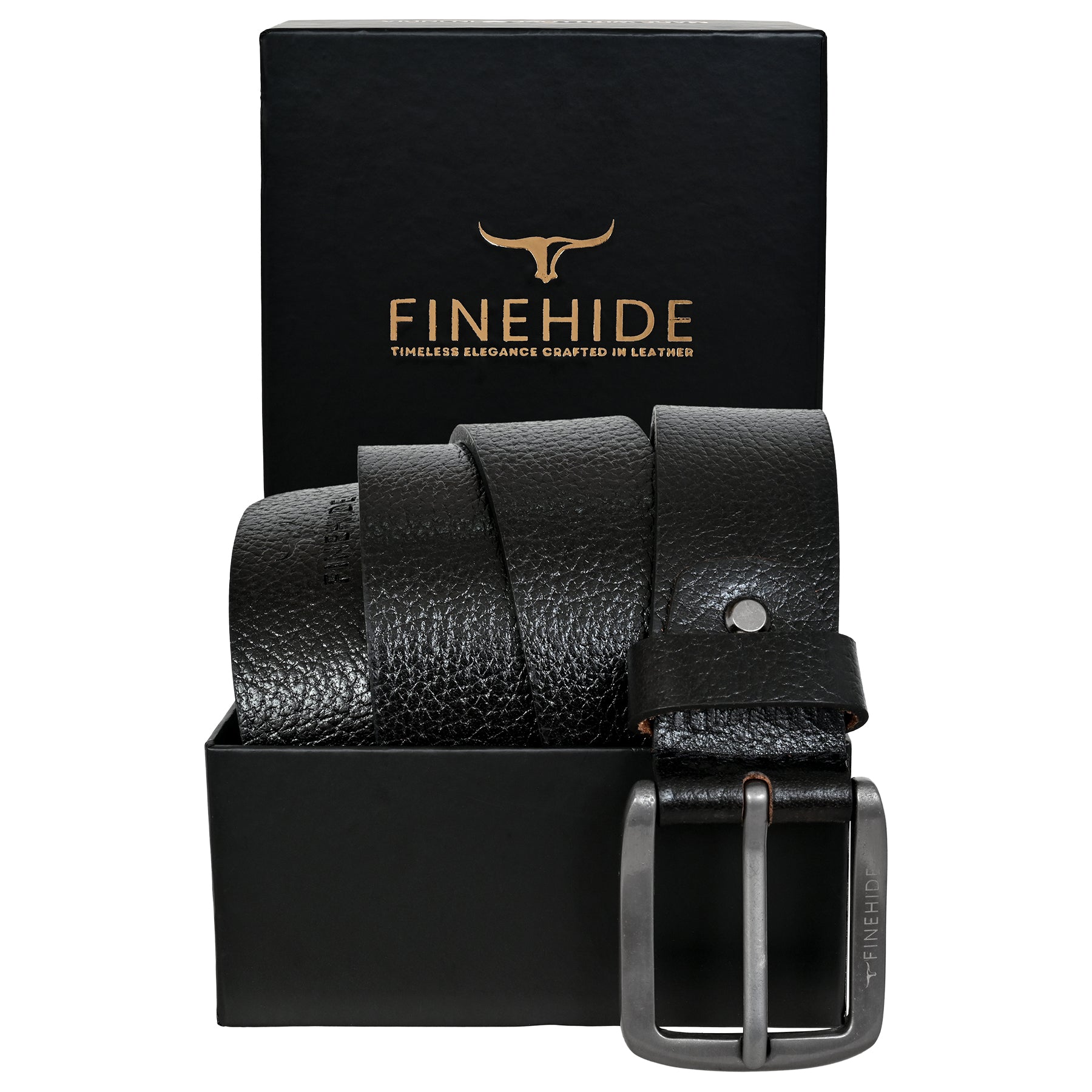 FINEHIDE BLACK ONYX TEBBLED LEATHER BELT WITH MATTE SILVER BUCKLE FOR MEN