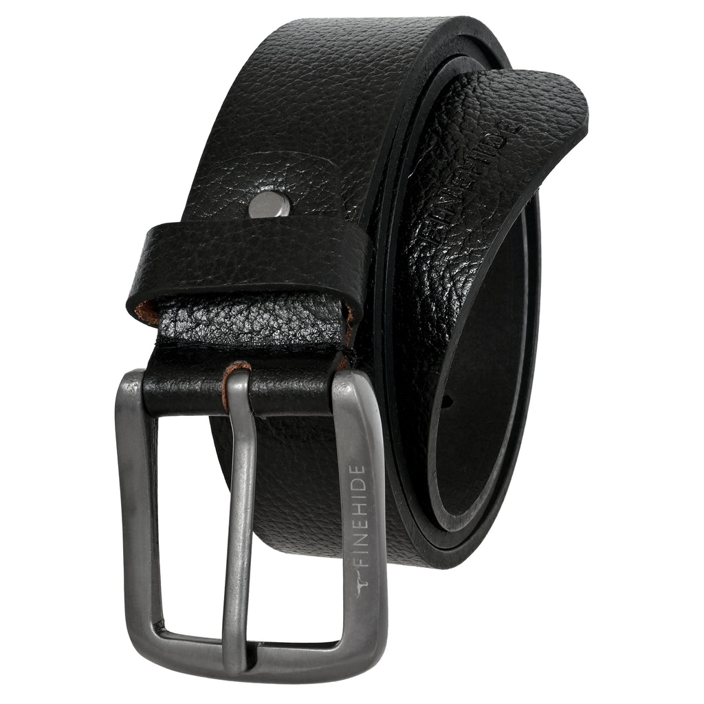 FINEHIDE BLACK ONYX TEBBLED LEATHER BELT WITH MATTE SILVER BUCKLE FOR MEN