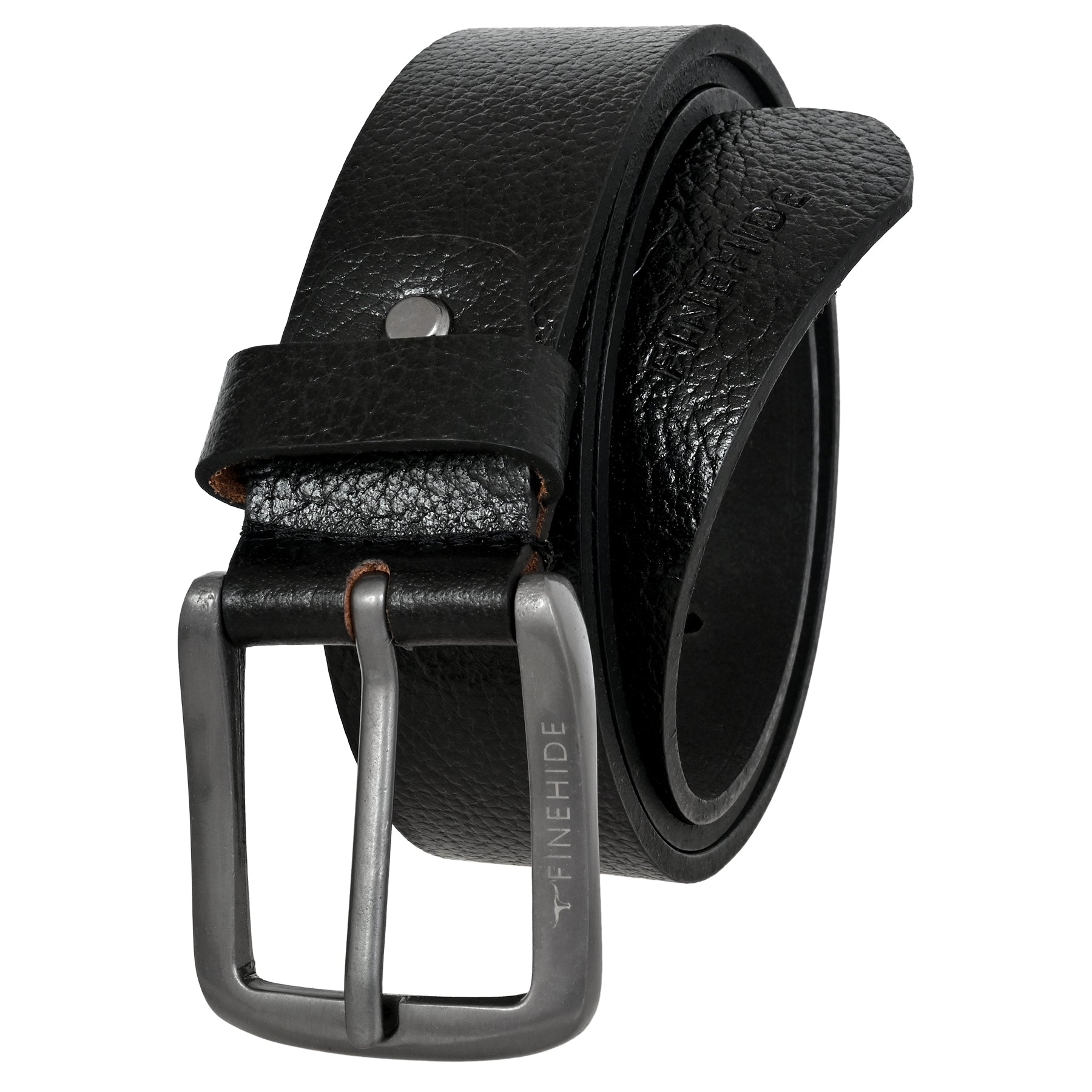 FINEHIDE BLACK ONYX TEBBLED LEATHER BELT WITH MATTE SILVER BUCKLE FOR MEN