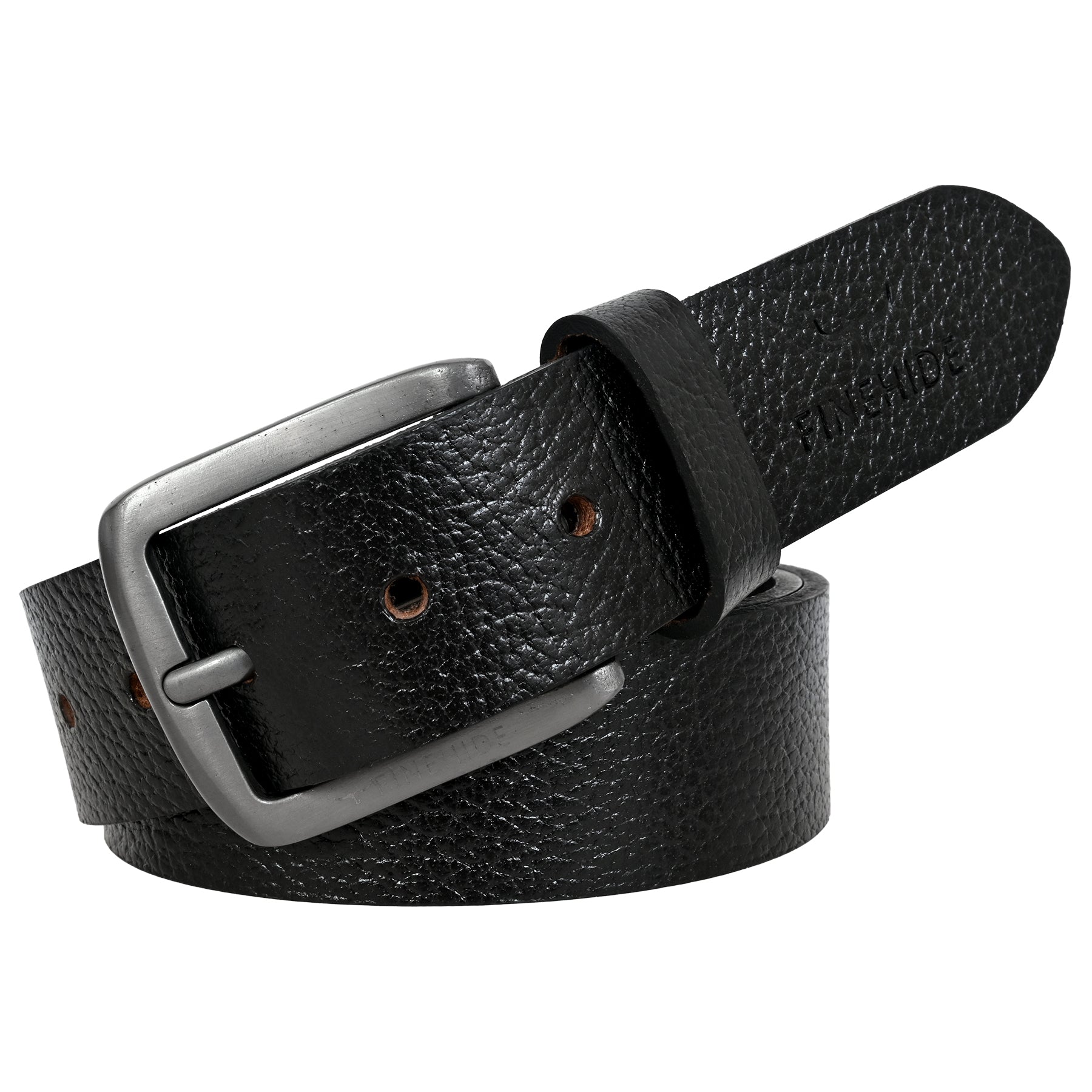 FINEHIDE BLACK ONYX TEBBLED LEATHER BELT WITH MATTE SILVER BUCKLE FOR MEN