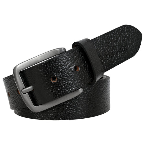 FINEHIDE BLACK ONYX PEBBLED LEATHER BELT WITH MATTE SILVER BUCKLE FOR MEN