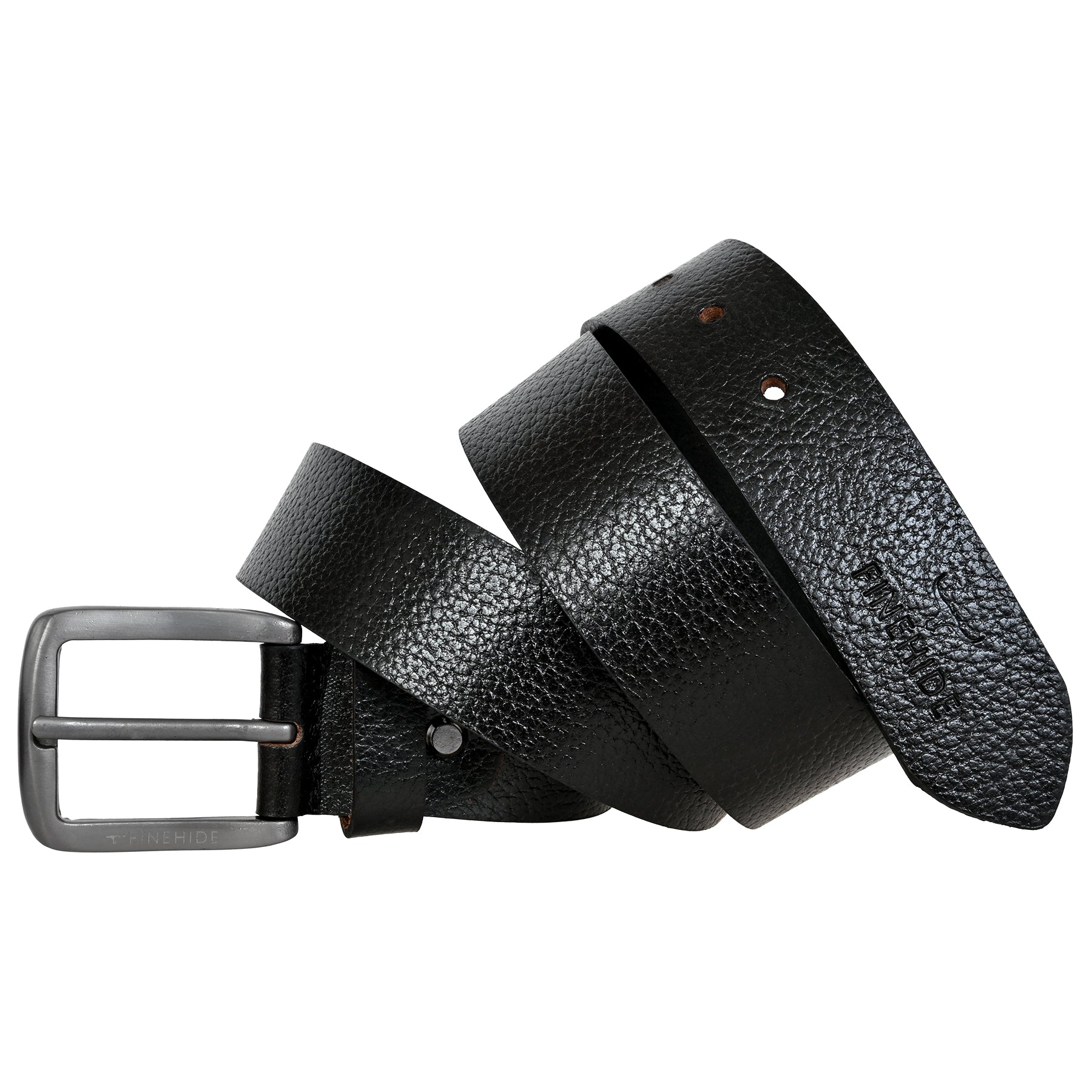 FINEHIDE BLACK ONYX TEBBLED LEATHER BELT WITH MATTE SILVER BUCKLE FOR MEN