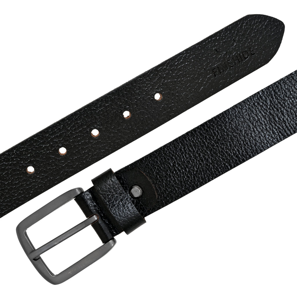 FINEHIDE BLACK ONYX TEBBLED LEATHER BELT WITH MATTE SILVER BUCKLE FOR MEN