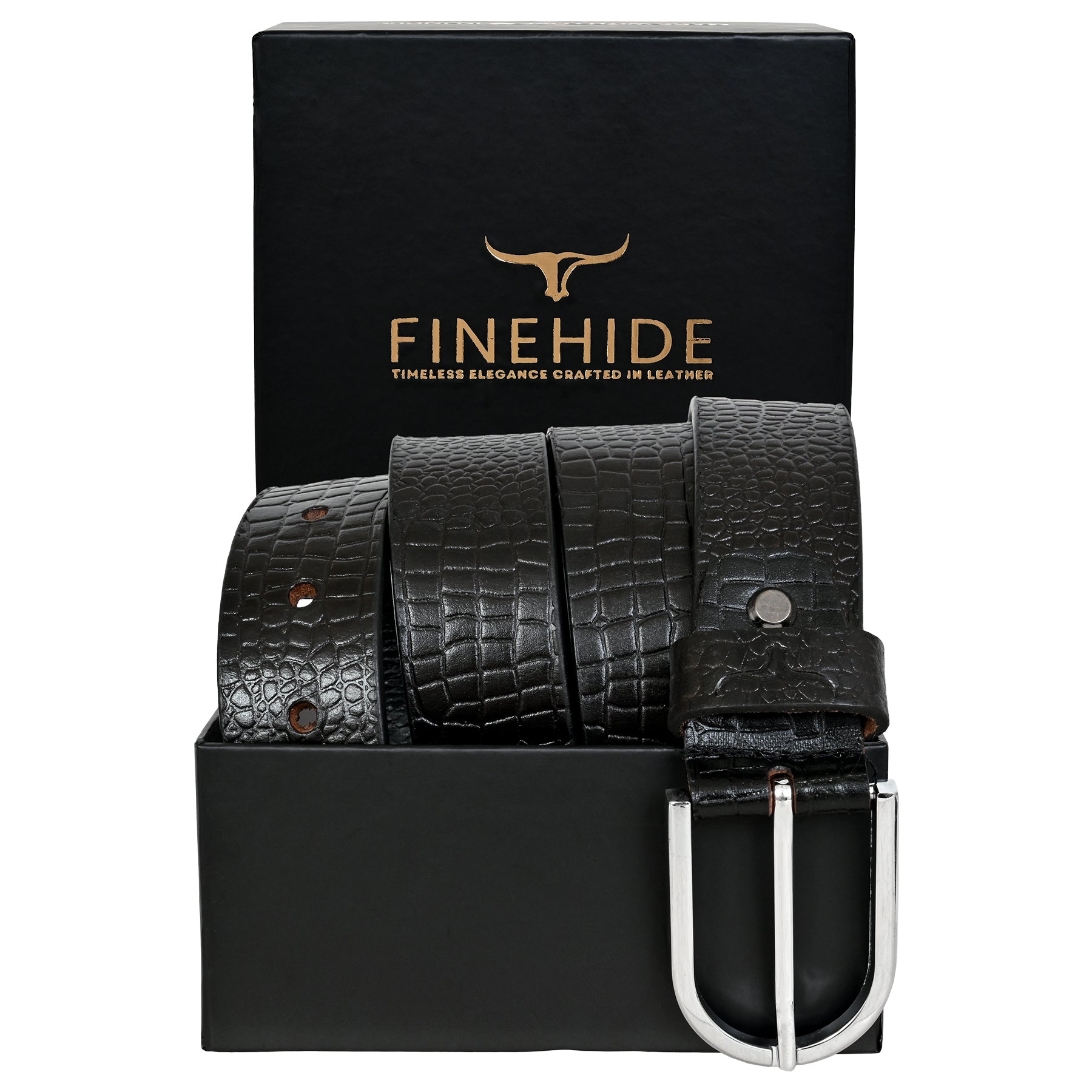 FINHIDE BLACK CROC - EMBROSSED LEATHER BELT WITH SILVER METAL BUCKLE FOR MEN