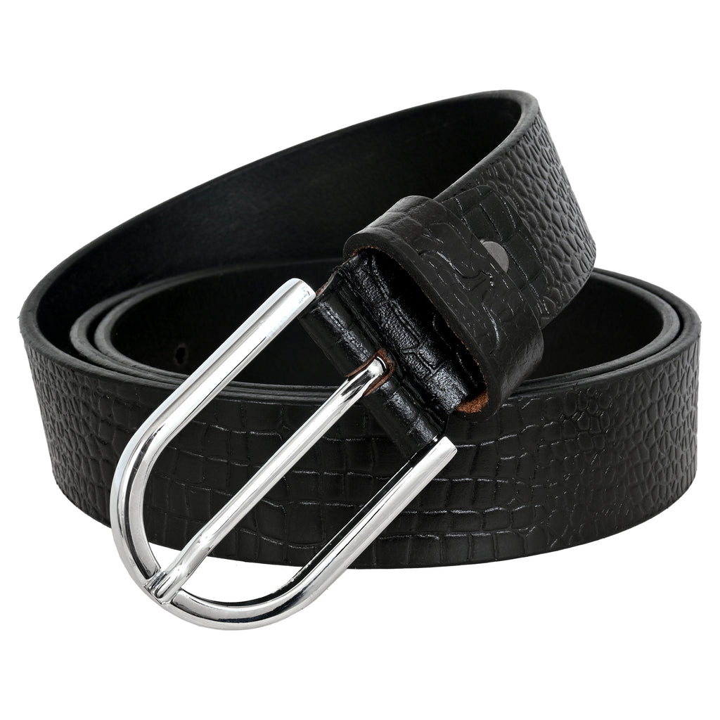 FINHIDE BLACK CROC - EMBROSSED LEATHER BELT WITH SILVER METAL BUCKLE FOR MEN