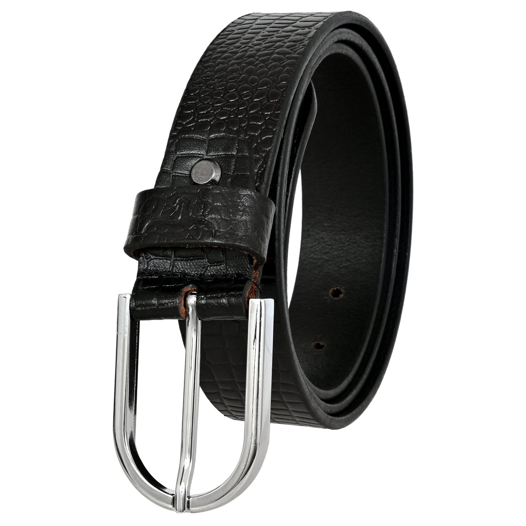 FINHIDE BLACK CROC - EMBROSSED LEATHER BELT WITH SILVER METAL BUCKLE FOR MEN