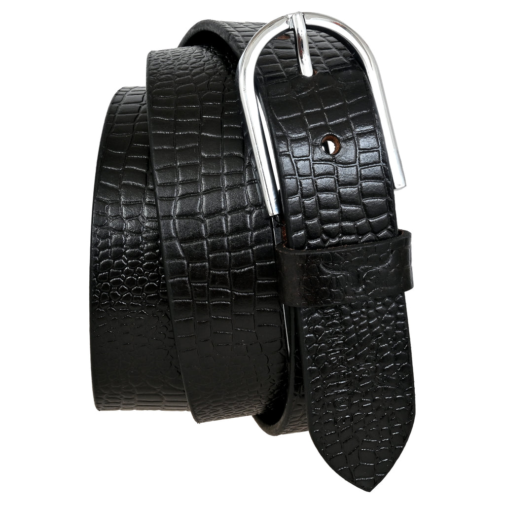 FINHIDE BLACK CROC - EMBROSSED LEATHER BELT WITH SILVER METAL BUCKLE FOR MEN