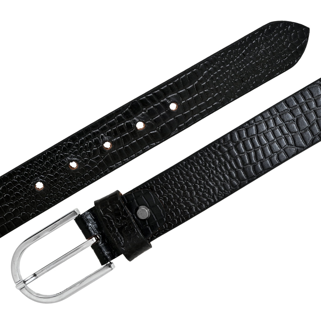 FINHIDE BLACK CROC - EMBROSSED LEATHER BELT WITH SILVER METAL BUCKLE FOR MEN
