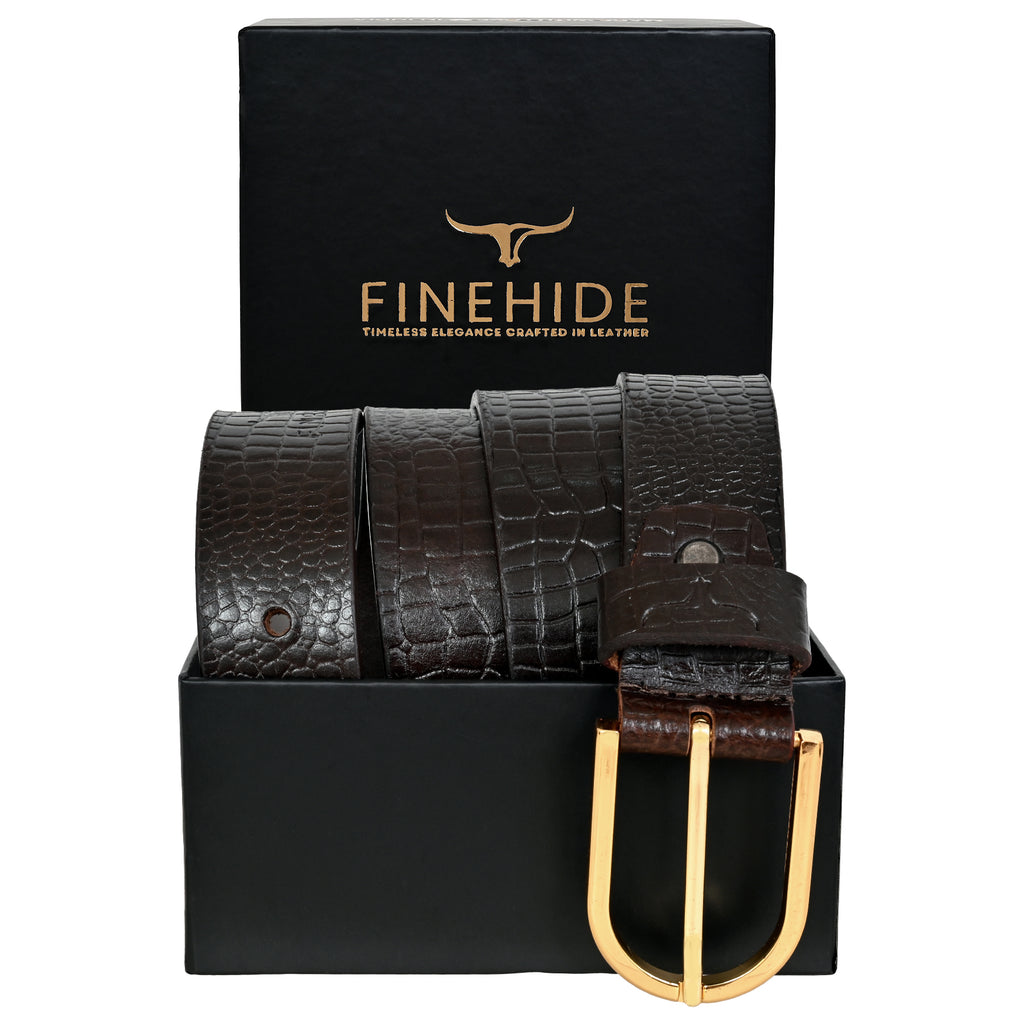 FINEHIDE BROWN CROC - EMBROSSED LEATHER BELT WITH GOLD BUCKLE FOR MEN 35MM