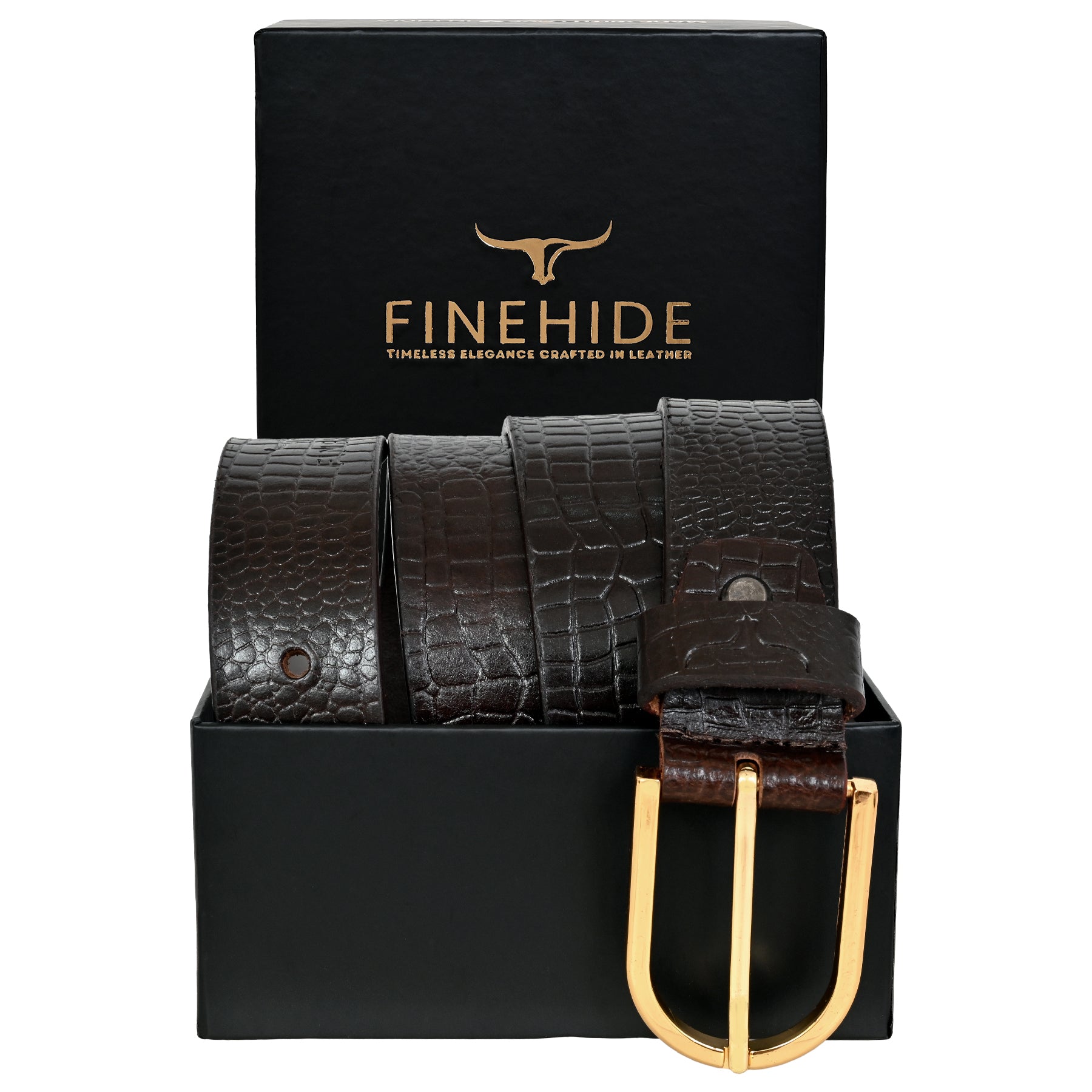 FINEHIDE BROWN CROC - EMBROSSED LEATHER BELT WITH GOLD BUCKLE FOR MEN 35MM