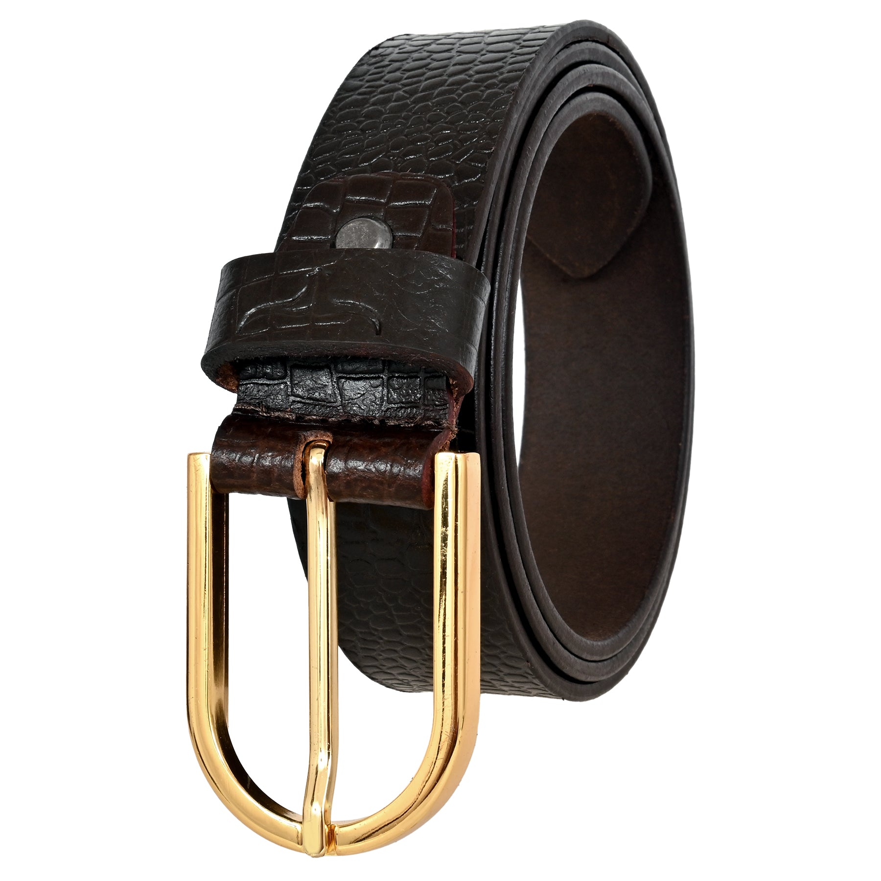 FINEHIDE BROWN CROC - EMBROSSED LEATHER BELT WITH GOLD BUCKLE FOR MEN 35MM