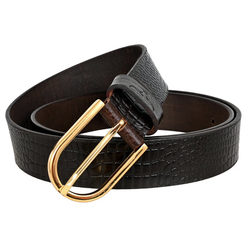 FINEHIDE BROWN CROC - EMBROSSED LEATHER BELT WITH GOLD BUCKLE FOR MEN 35MM