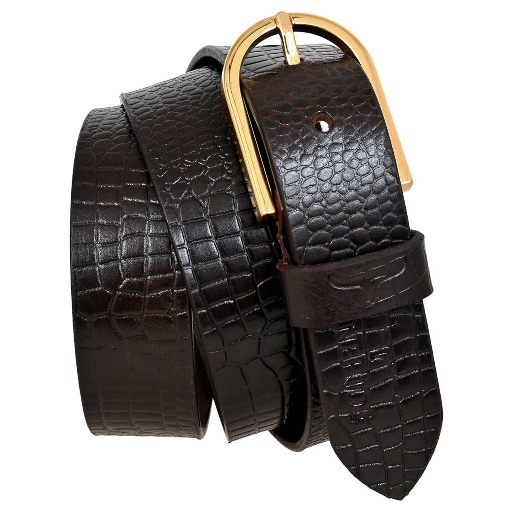 FINEHIDE BROWN CROC - EMBROSSED LEATHER BELT WITH GOLD BUCKLE FOR MEN 35MM