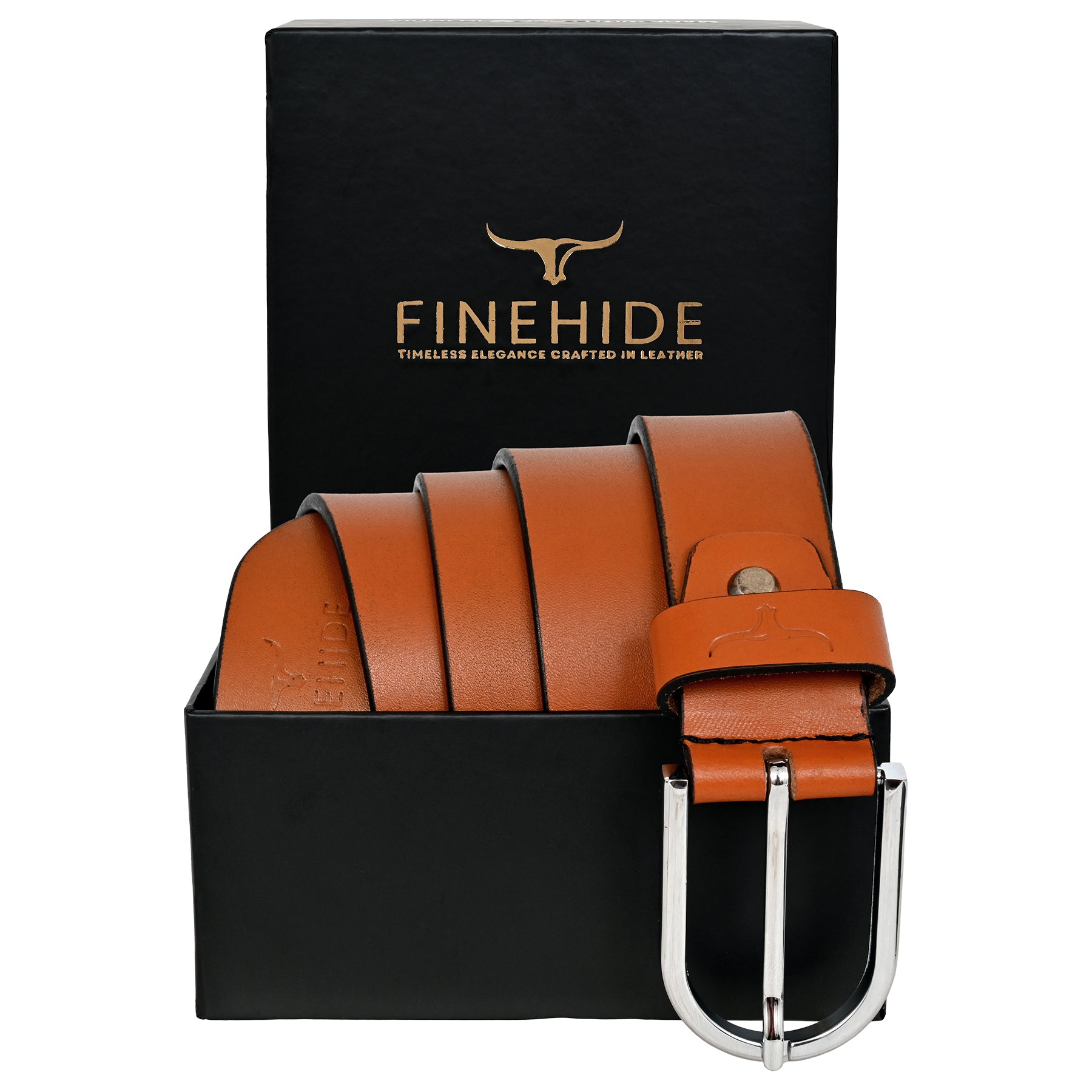 FINEHIDE CLASSIC TAN LEATHER BELT WITH SILVER METAL BUCKLE FOR MEN 35MM