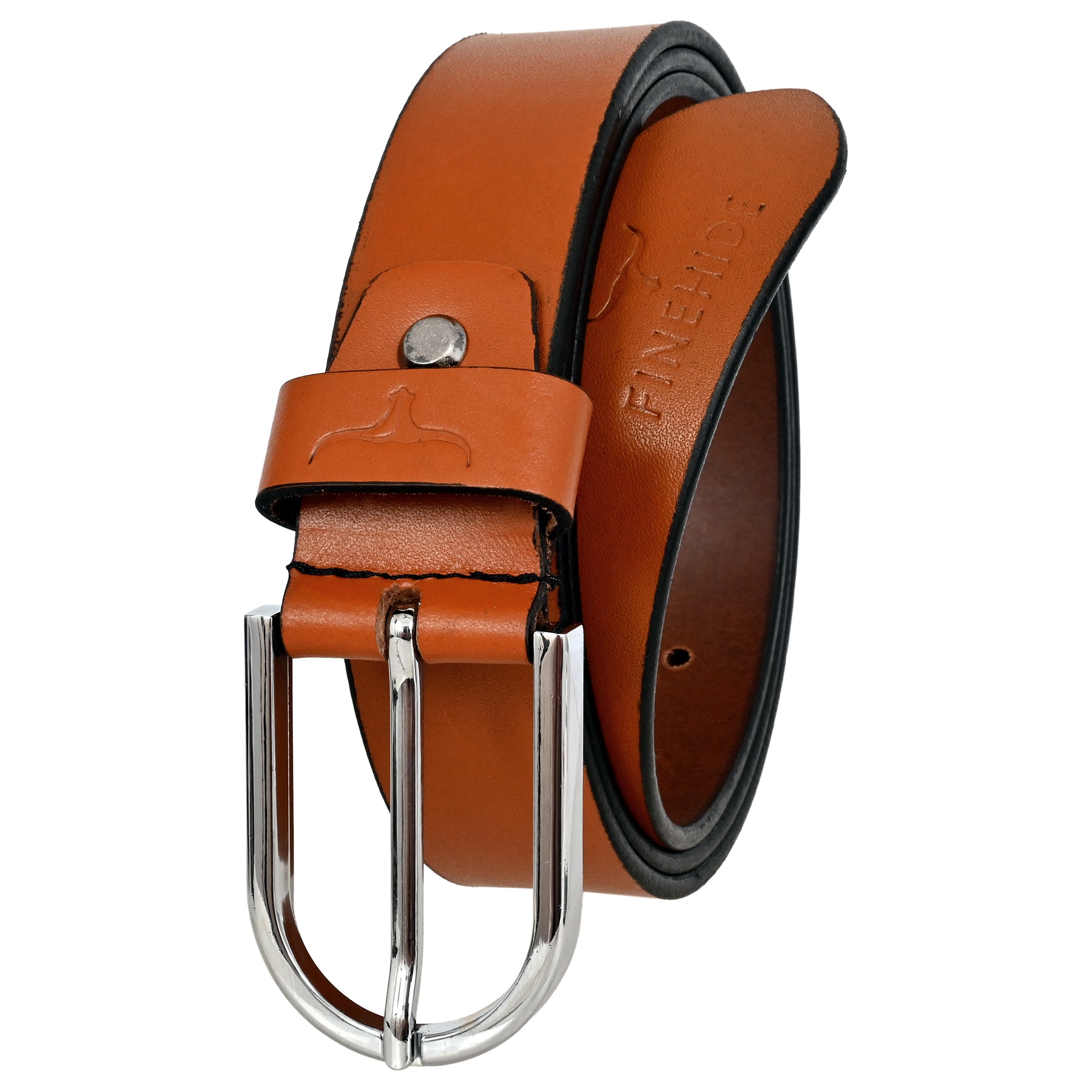FINEHIDE CLASSIC TAN LEATHER BELT WITH SILVER METAL BUCKLE FOR MEN 35MM