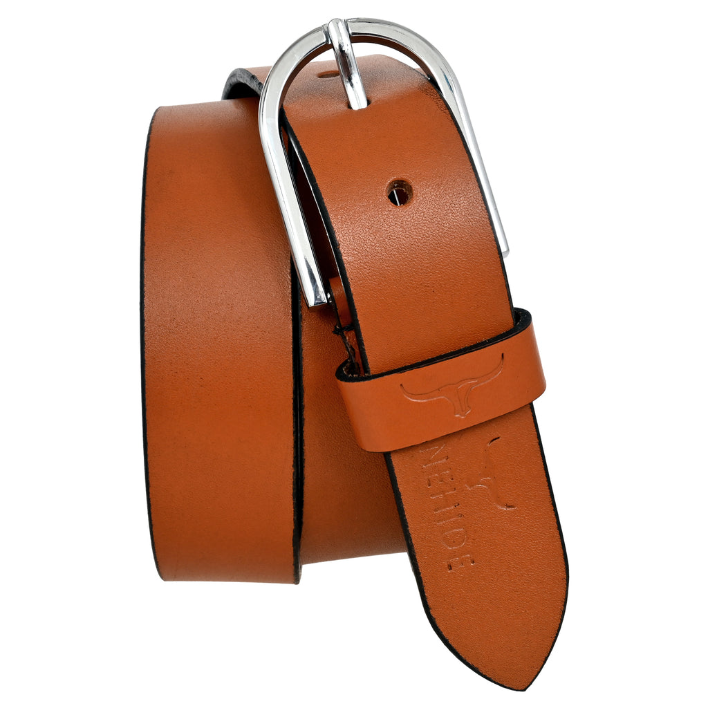 FINEHIDE CLASSIC TAN LEATHER BELT WITH SILVER METAL BUCKLE FOR MEN 35MM