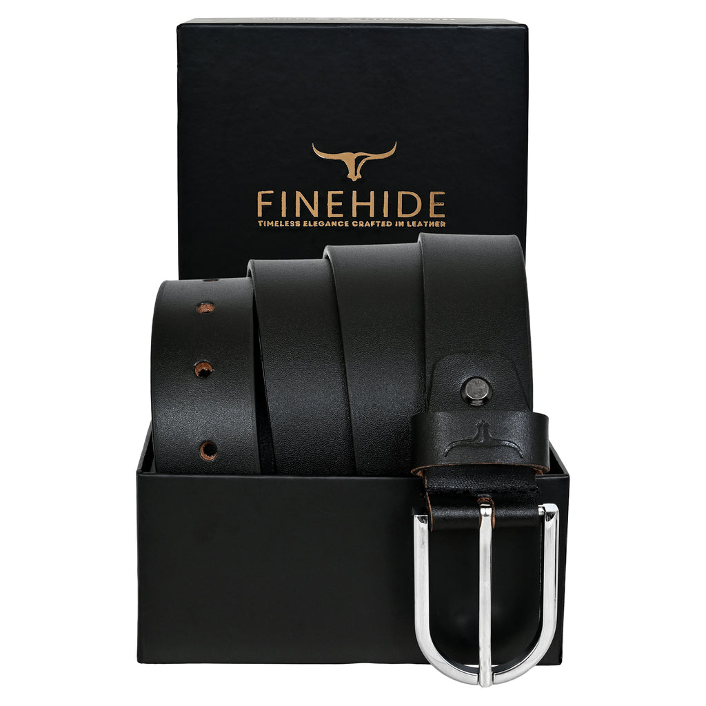 FINEHIDE CLASSIC BLACK LEATHER BELT WITH SILVER METAL BUCKLE FOR MEN 35MM