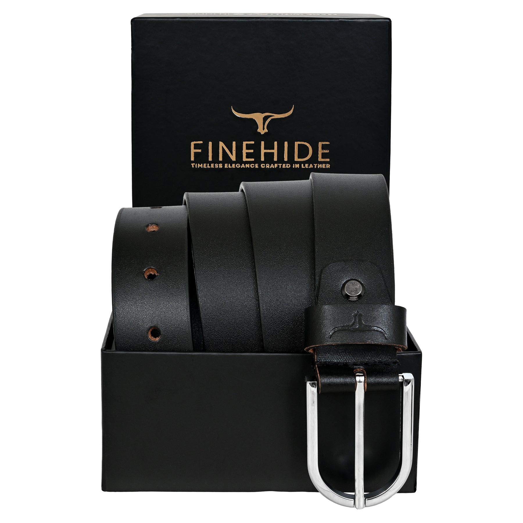 FINEHIDE CLASSIC BLACK LEATHER BELT WITH SILVER METAL BUCKLE FOR MEN 35MM