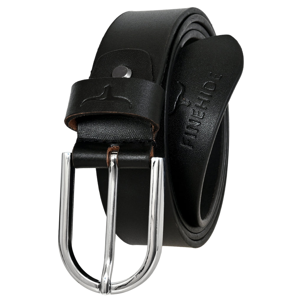 FINEHIDE CLASSIC BLACK LEATHER BELT WITH SILVER METAL BUCKLE FOR MEN 35MM