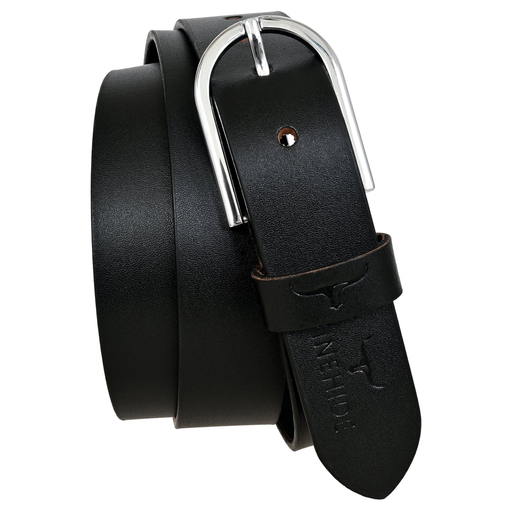 FINEHIDE CLASSIC BLACK LEATHER BELT WITH SILVER METAL BUCKLE FOR MEN 35MM