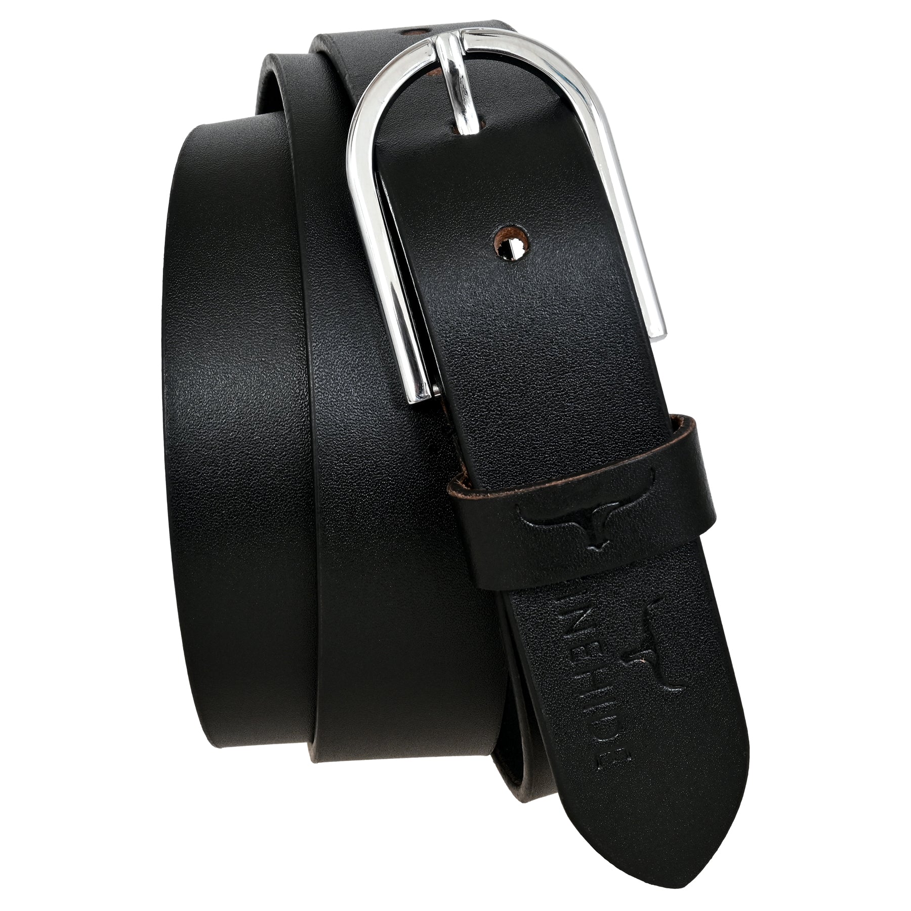 FINEHIDE CLASSIC BLACK LEATHER BELT WITH SILVER METAL BUCKLE FOR MEN 35MM