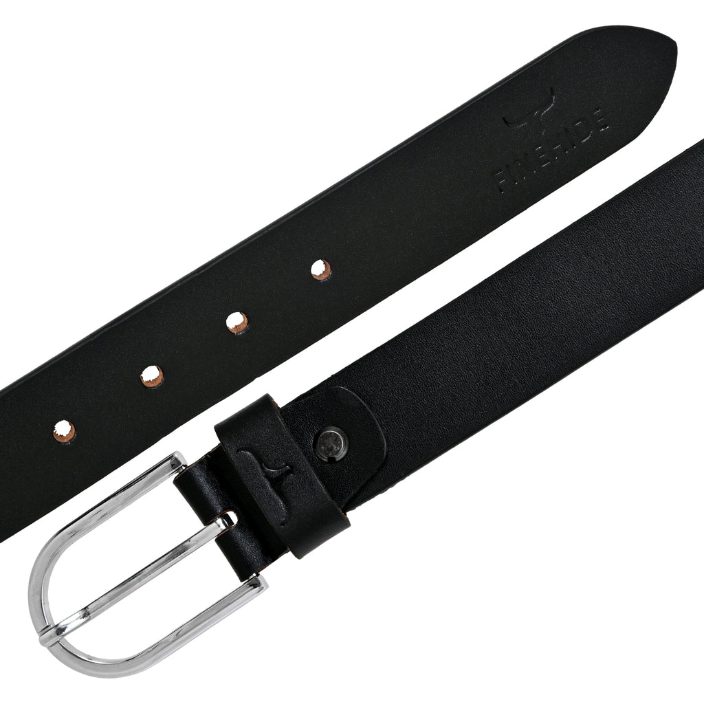 FINEHIDE CLASSIC BLACK LEATHER BELT WITH SILVER METAL BUCKLE FOR MEN 35MM